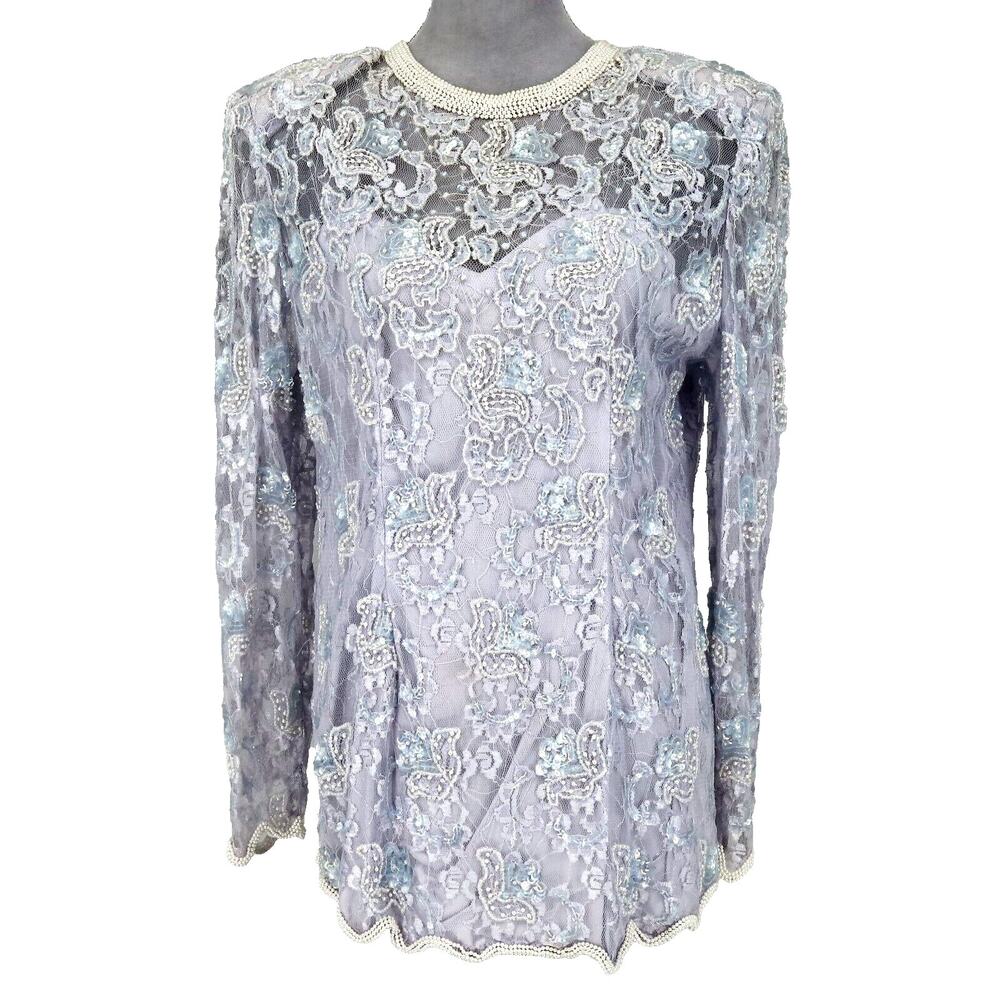 Judith Ann Creations Top Womens Large Lavender Blouse Lace Pearls Sequins Vtg